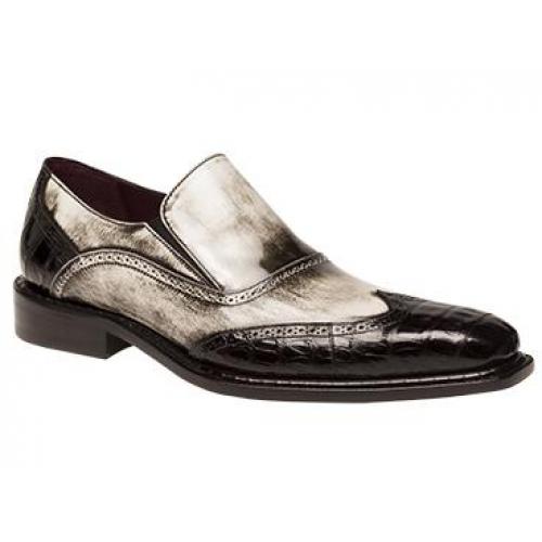 Mezlan "Landi" Black / White Genuine Crocodile w/ Marbelized Hi-Gloss Calfskin Leather Shoes